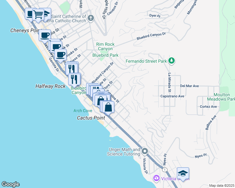 map of restaurants, bars, coffee shops, grocery stores, and more near 477 Center Street in Laguna Beach