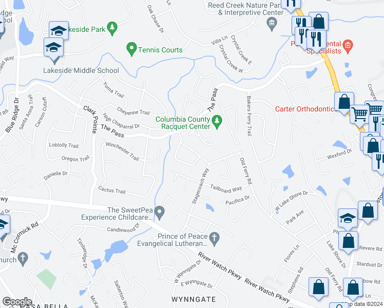 map of restaurants, bars, coffee shops, grocery stores, and more near 3716 Shallow Creek Crossing in Martinez