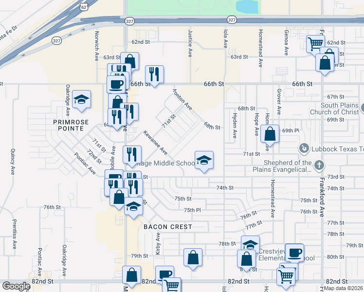 map of restaurants, bars, coffee shops, grocery stores, and more near 6101-6133 72nd Place in Lubbock