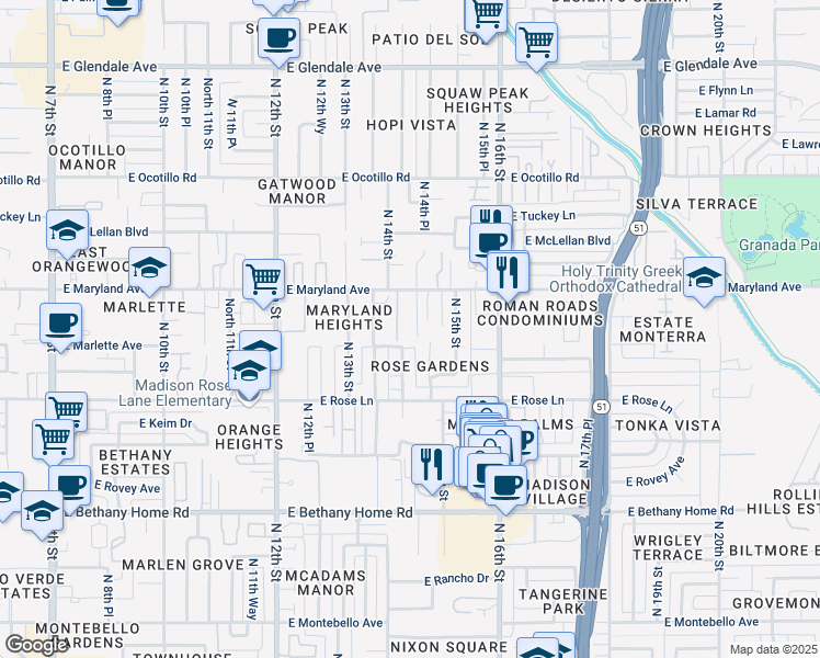 map of restaurants, bars, coffee shops, grocery stores, and more near 6309 North 14th Street in Phoenix