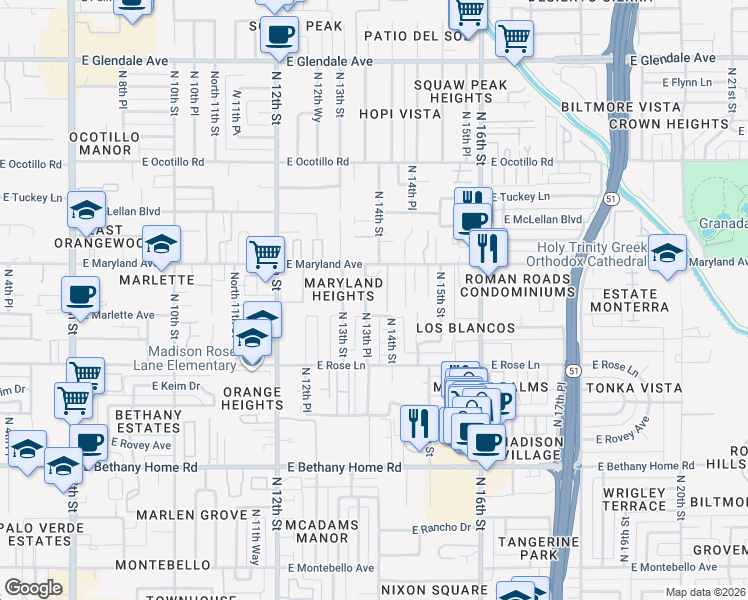 map of restaurants, bars, coffee shops, grocery stores, and more near 6309 North 14th Street in Phoenix