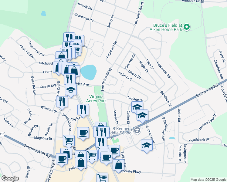 map of restaurants, bars, coffee shops, grocery stores, and more near 1024 Carriage Drive in Aiken