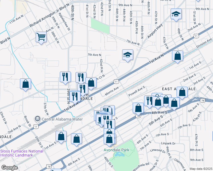 map of restaurants, bars, coffee shops, grocery stores, and more near 4231 1st Avenue North in Birmingham