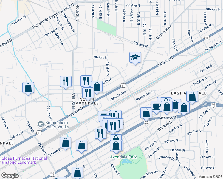 map of restaurants, bars, coffee shops, grocery stores, and more near 4231 1st Avenue North in Birmingham