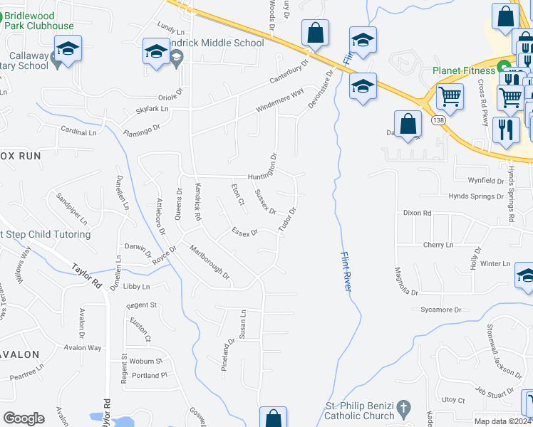 map of restaurants, bars, coffee shops, grocery stores, and more near 8219 Sussex Drive in Jonesboro
