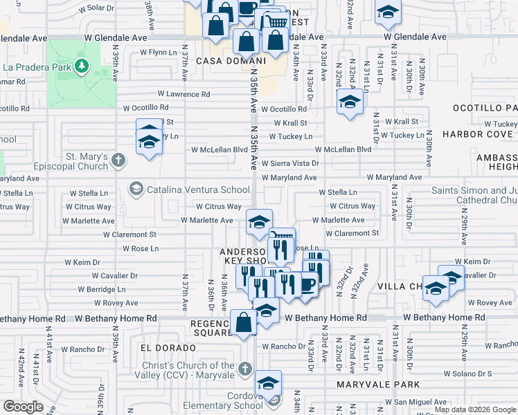 map of restaurants, bars, coffee shops, grocery stores, and more near 3447 West Citrus Way in Phoenix