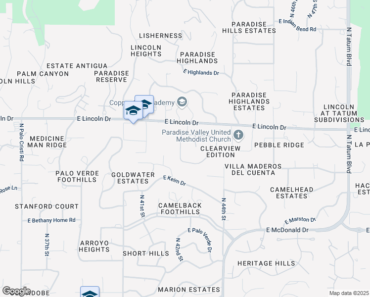 map of restaurants, bars, coffee shops, grocery stores, and more near 6225 North 42nd Street in Paradise Valley