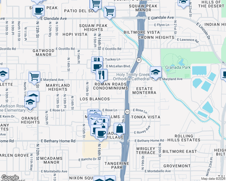 map of restaurants, bars, coffee shops, grocery stores, and more near 6315 North 16th Street in Phoenix
