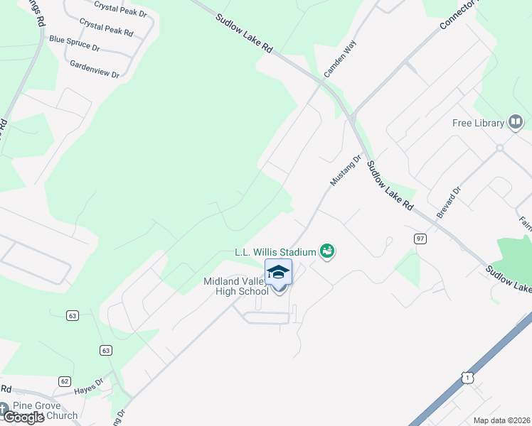 map of restaurants, bars, coffee shops, grocery stores, and more near 210 Mustang Drive in Graniteville