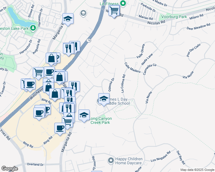 map of restaurants, bars, coffee shops, grocery stores, and more near 40273 Odessa Drive in Temecula