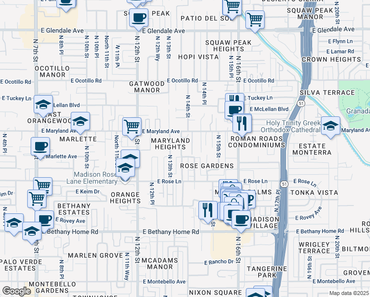 map of restaurants, bars, coffee shops, grocery stores, and more near 6309 North 14th Street in Phoenix