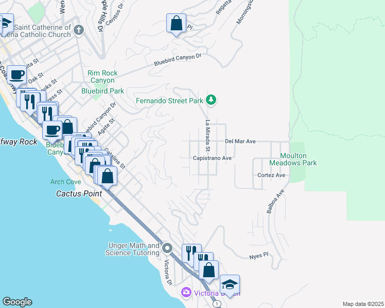 map of restaurants, bars, coffee shops, grocery stores, and more near 1020 Baja Street in Laguna Beach