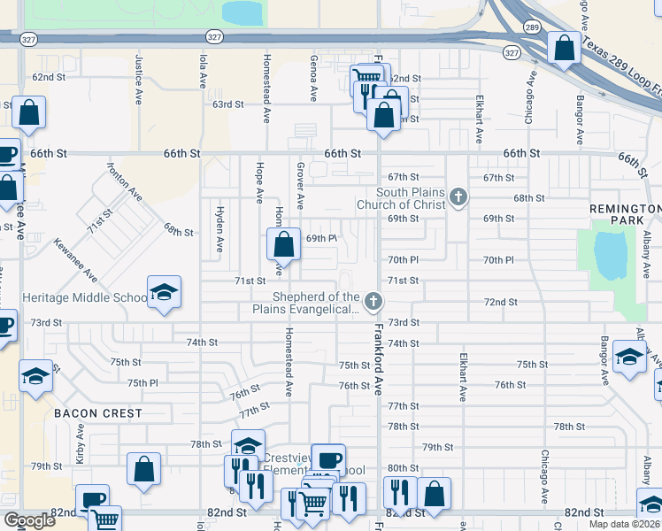 map of restaurants, bars, coffee shops, grocery stores, and more near 5902 71st Street in Lubbock