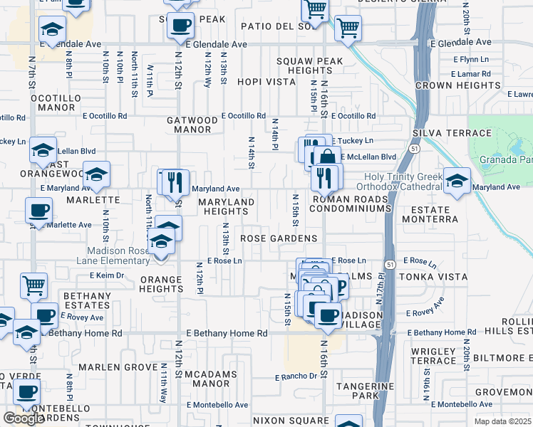 map of restaurants, bars, coffee shops, grocery stores, and more near 6309 North 14th Street in Phoenix