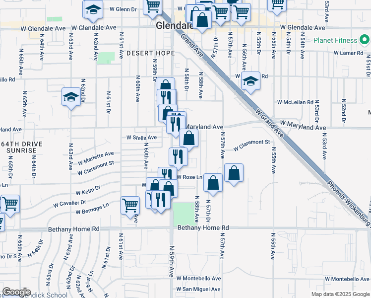 map of restaurants, bars, coffee shops, grocery stores, and more near 5825 West Citrus Way in Glendale