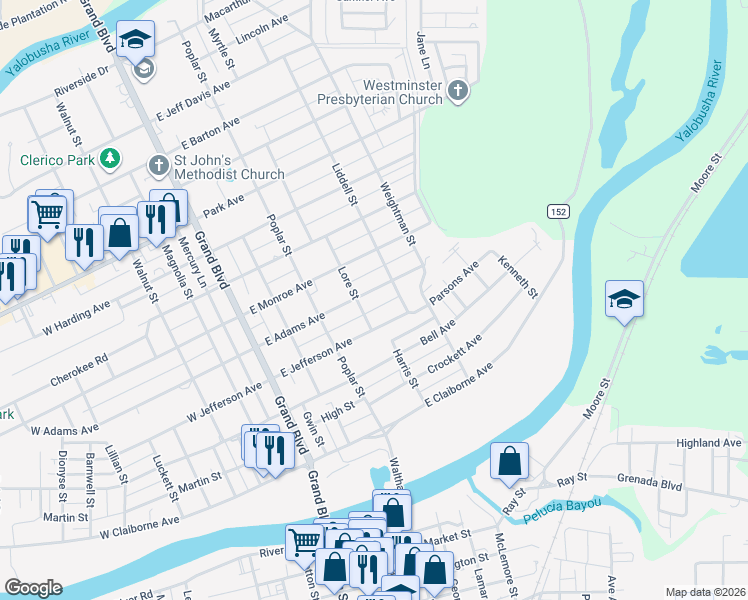 map of restaurants, bars, coffee shops, grocery stores, and more near 407 East Jefferson Avenue in Greenwood