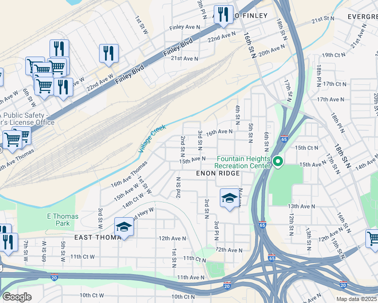 map of restaurants, bars, coffee shops, grocery stores, and more near 205 15th Court North in Birmingham