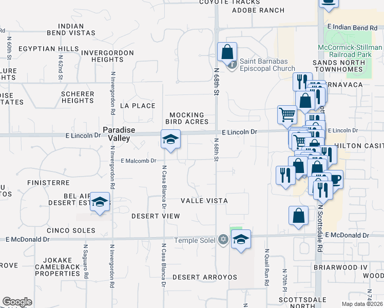 map of restaurants, bars, coffee shops, grocery stores, and more near 6716 East Malcomb Drive in Paradise Valley