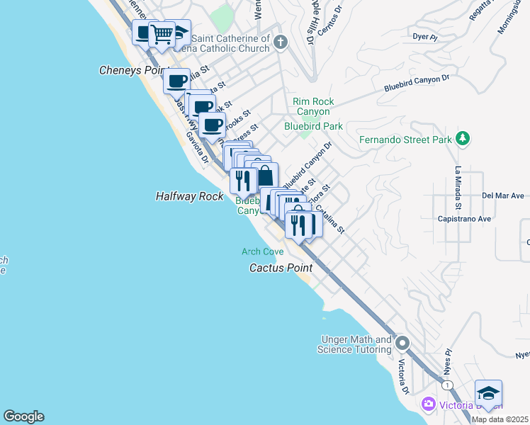 map of restaurants, bars, coffee shops, grocery stores, and more near 1603 South Coast Highway in Laguna Beach