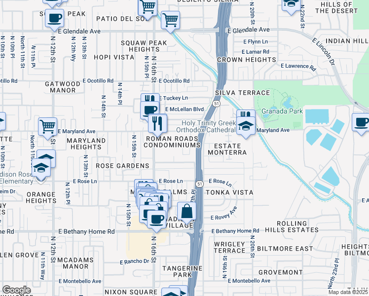 map of restaurants, bars, coffee shops, grocery stores, and more near 6414 North 17th Street in Phoenix