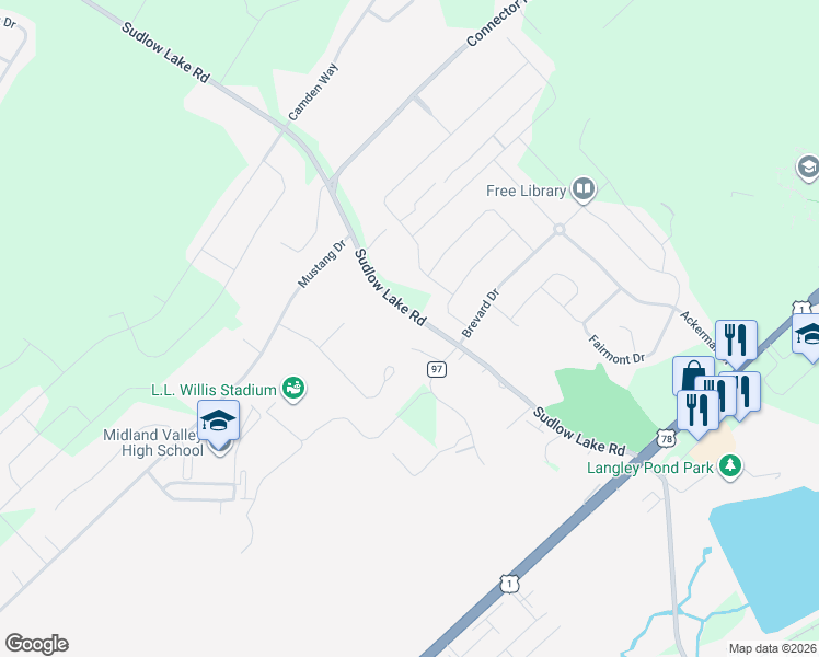 map of restaurants, bars, coffee shops, grocery stores, and more near 115 Sudlow Lake Road in Graniteville