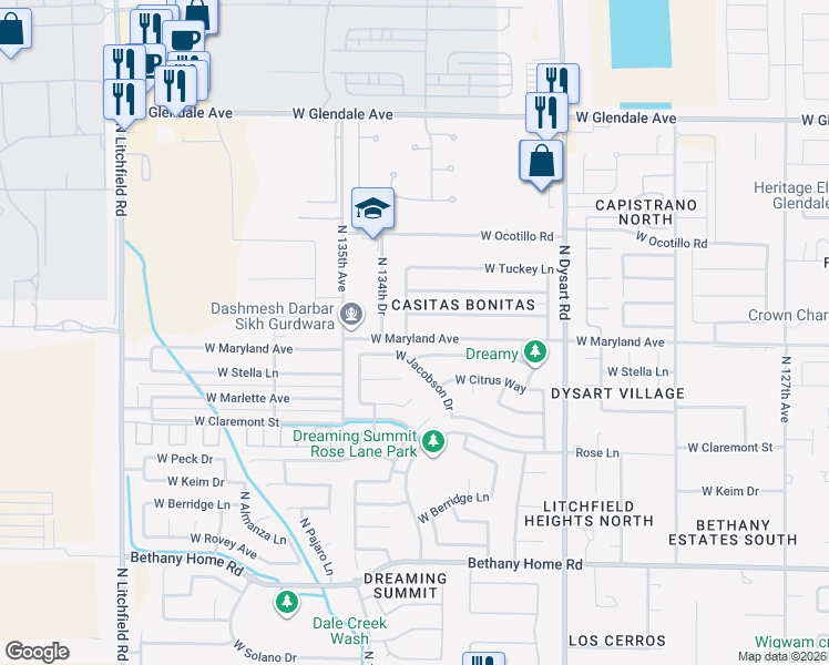 map of restaurants, bars, coffee shops, grocery stores, and more near 13338 West Maryland Avenue in Litchfield Park