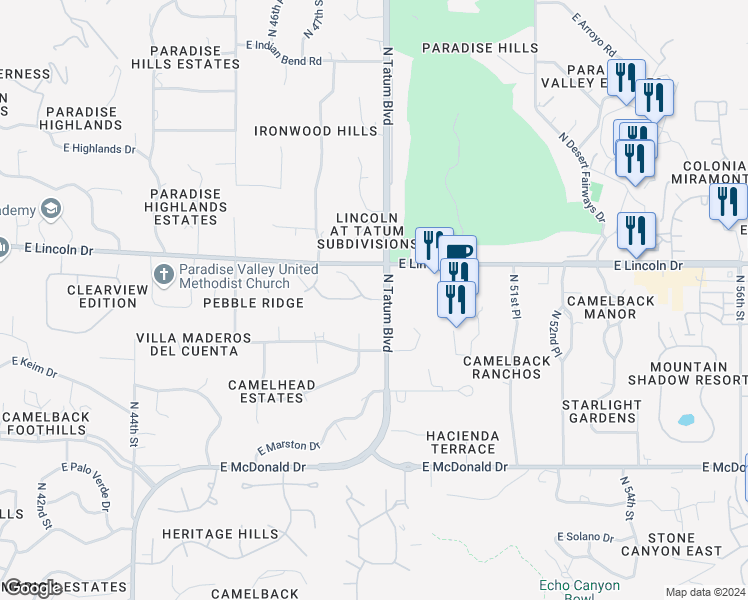 map of restaurants, bars, coffee shops, grocery stores, and more near 4616 East Pebble Ridge Road in Paradise Valley
