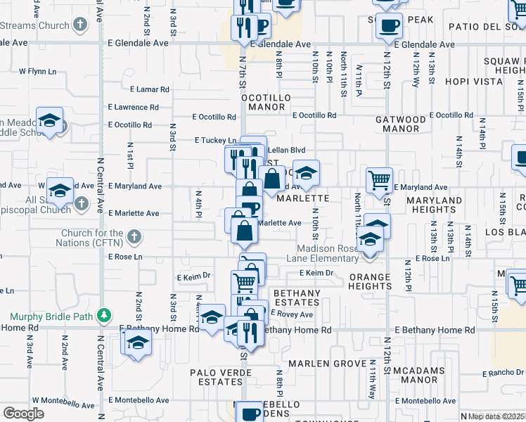 map of restaurants, bars, coffee shops, grocery stores, and more near 777 East Stella Lane in Phoenix