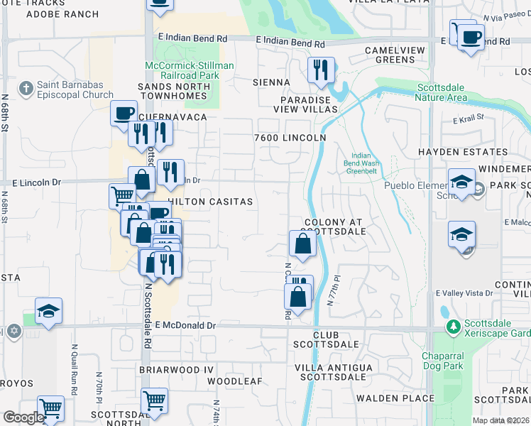 map of restaurants, bars, coffee shops, grocery stores, and more near 6274 North Cattletrack Road in Scottsdale
