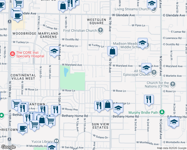 map of restaurants, bars, coffee shops, grocery stores, and more near 926 West Claremont Street in Phoenix