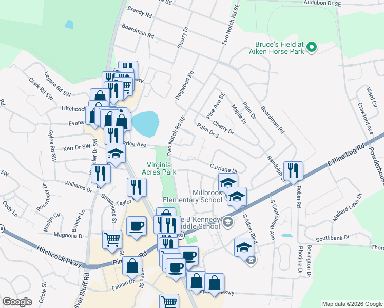 map of restaurants, bars, coffee shops, grocery stores, and more near 1038 Carriage Drive in Aiken