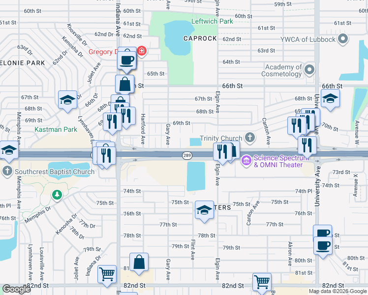 map of restaurants, bars, coffee shops, grocery stores, and more near Highway 289 Loop in Lubbock