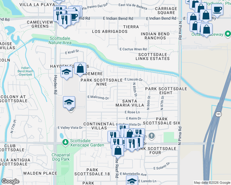 map of restaurants, bars, coffee shops, grocery stores, and more near 8401 East Citrus Way in Scottsdale