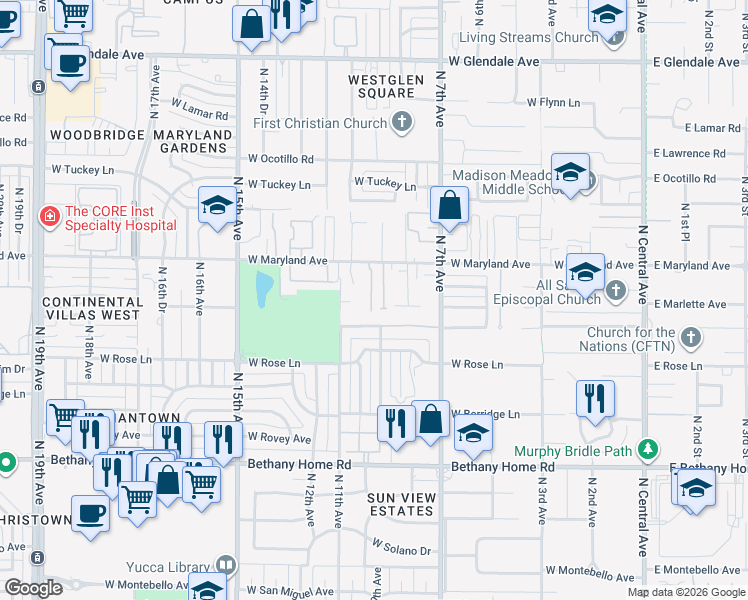 map of restaurants, bars, coffee shops, grocery stores, and more near 926 West Claremont Street in Phoenix