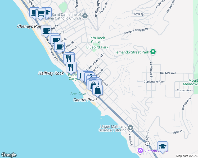 map of restaurants, bars, coffee shops, grocery stores, and more near 363 Pearl Street in Laguna Beach