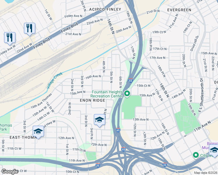 map of restaurants, bars, coffee shops, grocery stores, and more near 1505 4th Street North in Birmingham