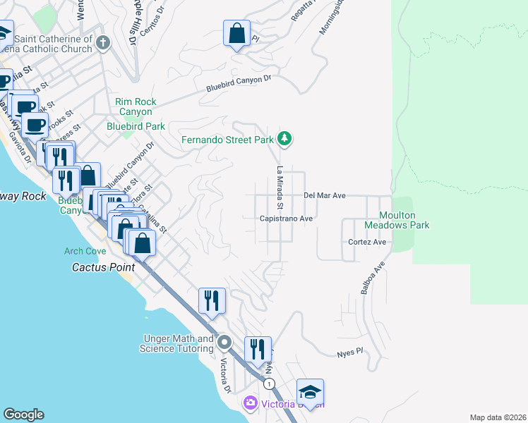 map of restaurants, bars, coffee shops, grocery stores, and more near 1029 Katella Street in Laguna Beach