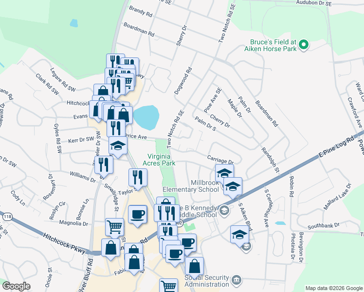 map of restaurants, bars, coffee shops, grocery stores, and more near 1024 Carriage Drive in Aiken