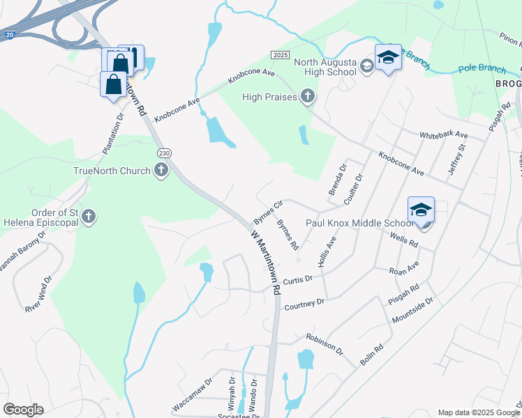 map of restaurants, bars, coffee shops, grocery stores, and more near 1805 Byrnes Circle in North Augusta