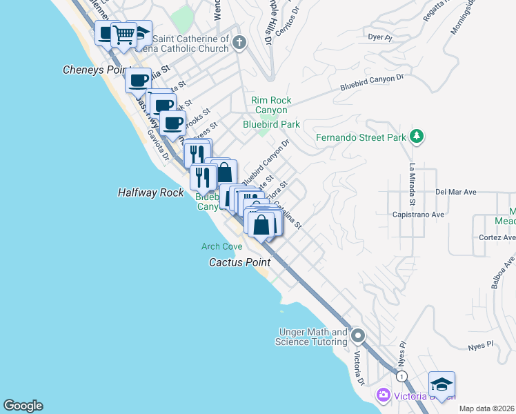 map of restaurants, bars, coffee shops, grocery stores, and more near 1762 Glenneyre Street in Laguna Beach