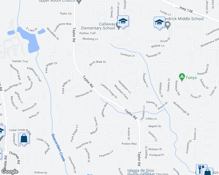 map of restaurants, bars, coffee shops, grocery stores, and more near 8232 Canyon Creek Drive in Riverdale