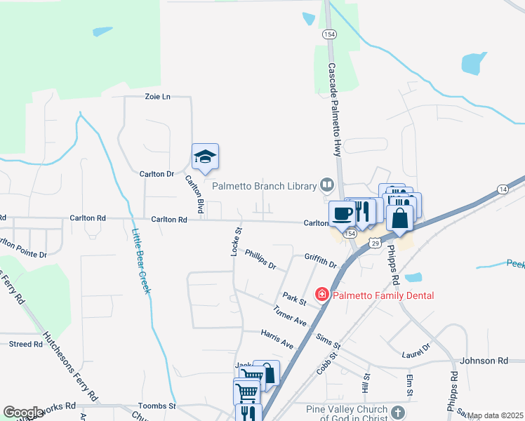 map of restaurants, bars, coffee shops, grocery stores, and more near 501 Carlton Road in Palmetto