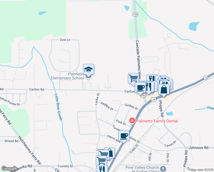 map of restaurants, bars, coffee shops, grocery stores, and more near 501 Carlton Road in Palmetto