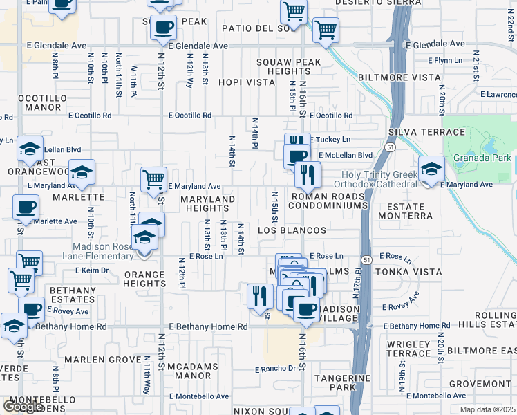 map of restaurants, bars, coffee shops, grocery stores, and more near 6312 North 14th Place in Phoenix