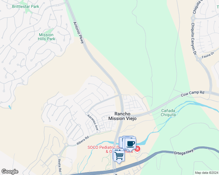 map of restaurants, bars, coffee shops, grocery stores, and more near Corazon Street in Rancho Mission Viejo