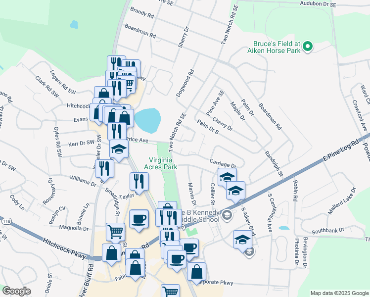 map of restaurants, bars, coffee shops, grocery stores, and more near 1022 Carriage Drive in Aiken