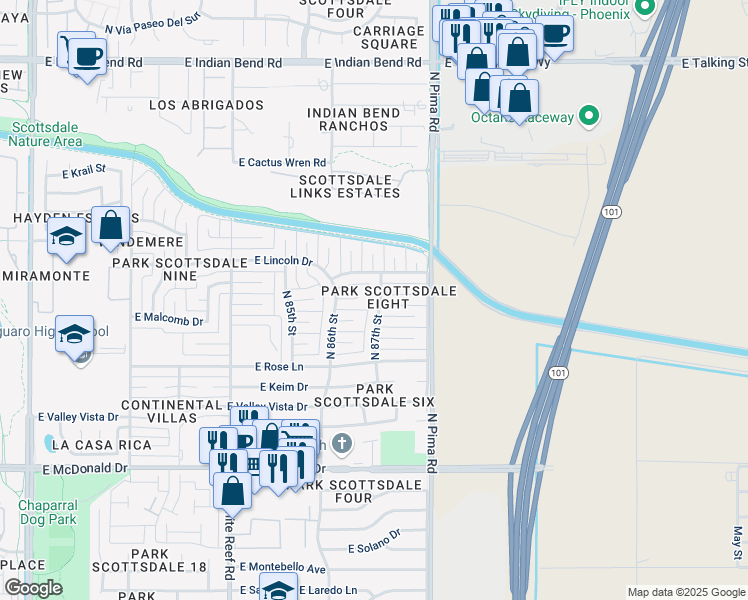 map of restaurants, bars, coffee shops, grocery stores, and more near 6338 North 87th Street in Scottsdale