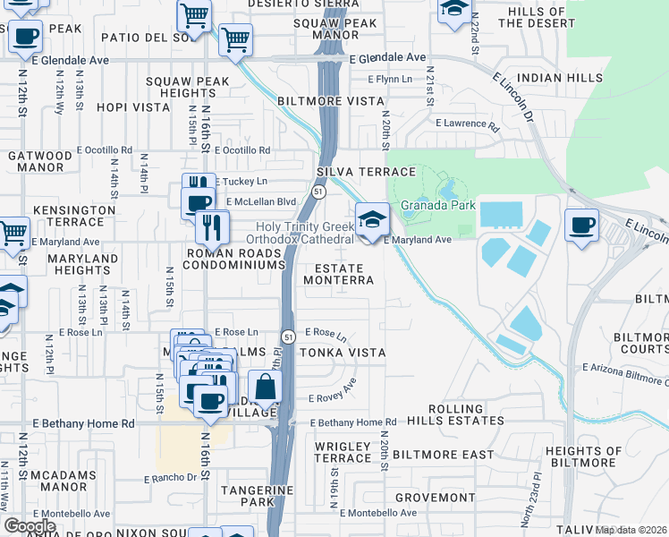 map of restaurants, bars, coffee shops, grocery stores, and more near 6318 North 19th Street in Phoenix