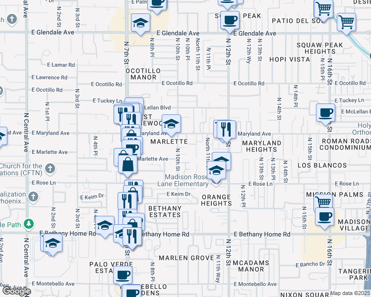 map of restaurants, bars, coffee shops, grocery stores, and more near 1004 East Citrus Way in Phoenix