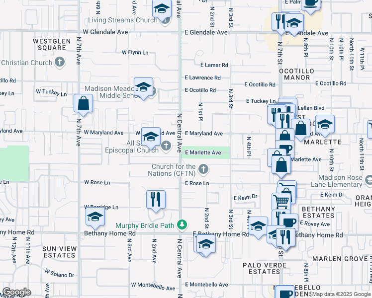map of restaurants, bars, coffee shops, grocery stores, and more near 23 East Marlette Avenue in Phoenix